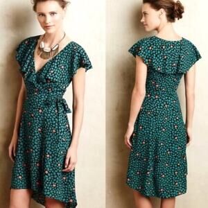 Anthropologie HD in Paris Ruffled Wrap Dress Chiffon Green V-Neck Women’s Size 2